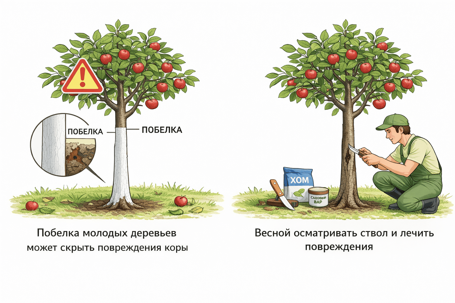 Стволы яблонь: побелка и уход
